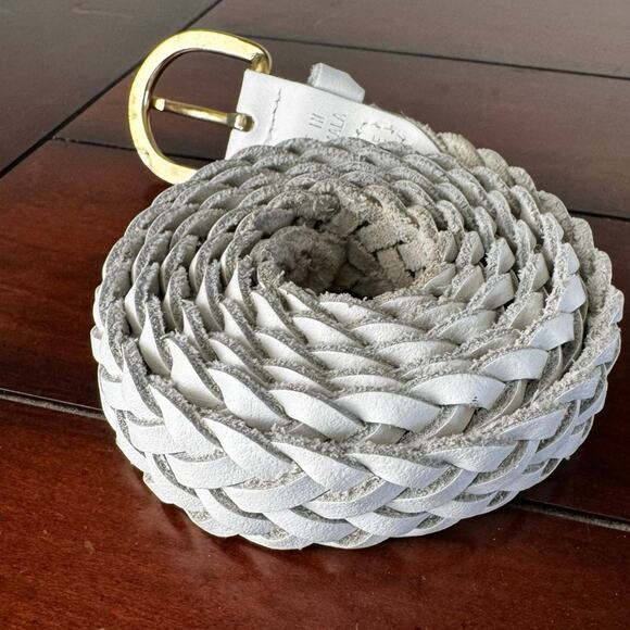 Woven Braided 100% Genuine Leather Belt White Women’s XXL Gold Color Buckle - Picture 2 of 5